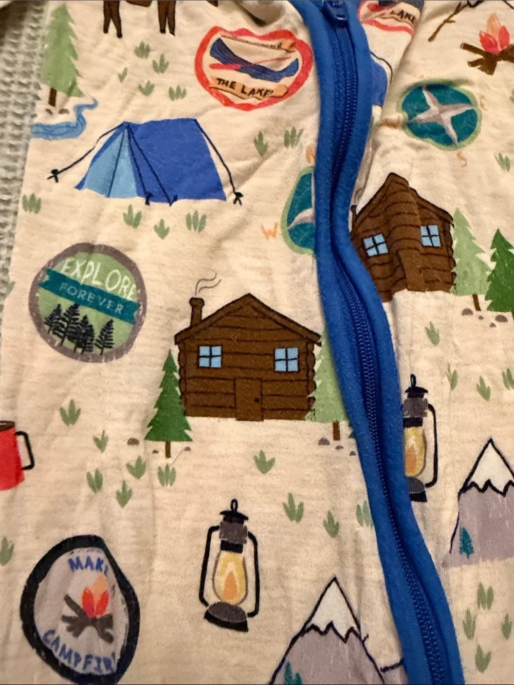 Little Sleepies Cream Camping Print Footie with Blue Trim and Multicolor Motifs